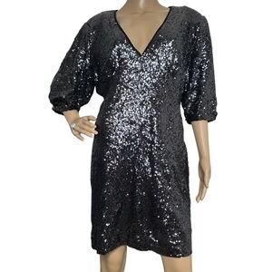Le Soir Molly Bracken Black Sequin V-Neck Dress NWT Large